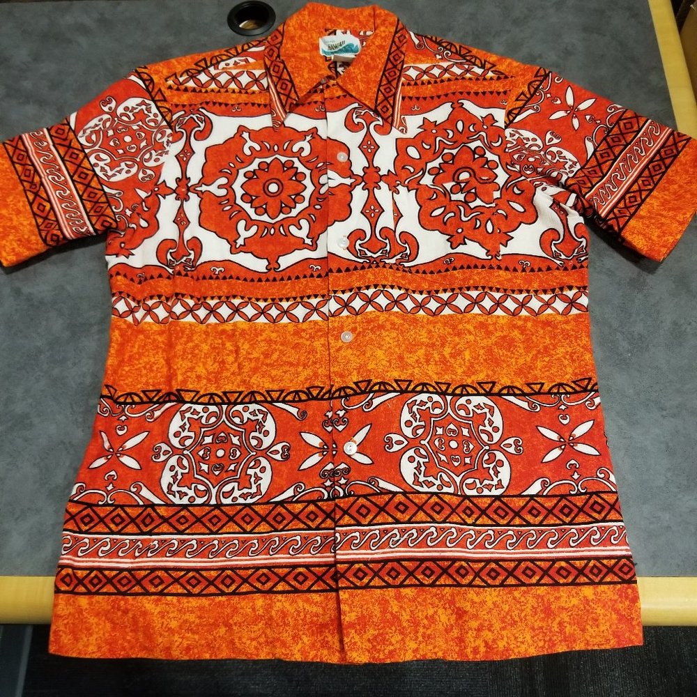 Vintage Penneys Orange White Black Hawaiian Shirt Size Large Tapa